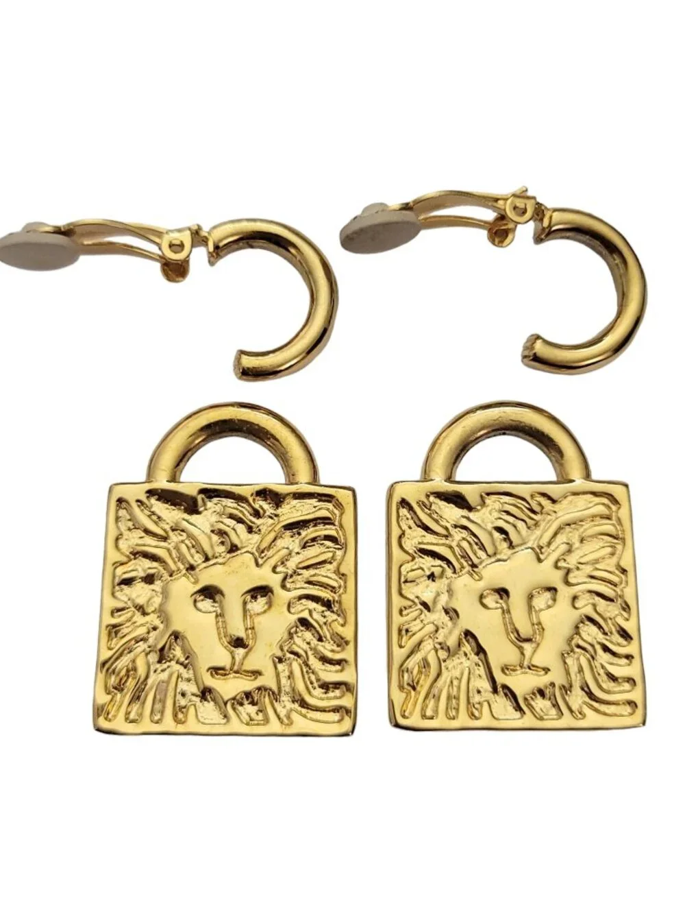 Anne Klein Gold-Tone Hoop Square Signature Lion Head Jacket Clip Earrings E965